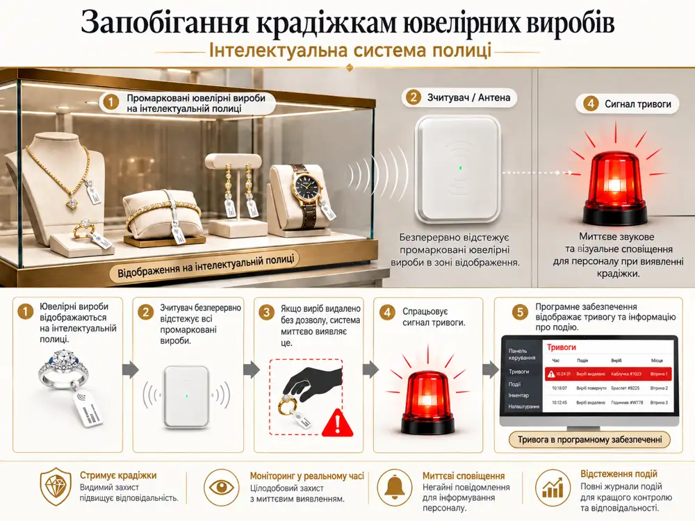 Захист ювелірних виробів від крадіжок з розумною полицею, сигналізацією та контролем прикрас